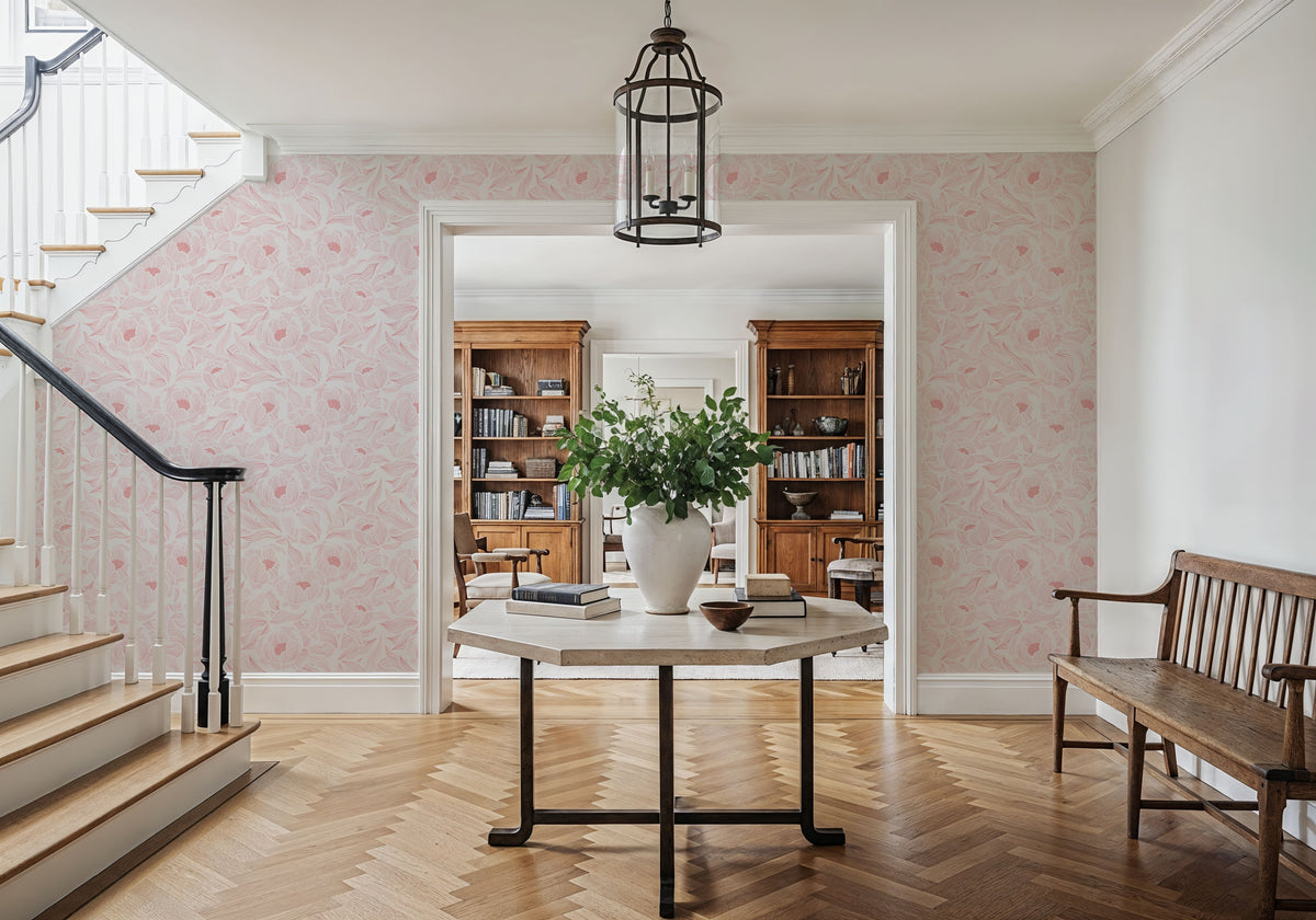 Hidden Peonies, Pink on White Mural Wallpaper - room preview 03