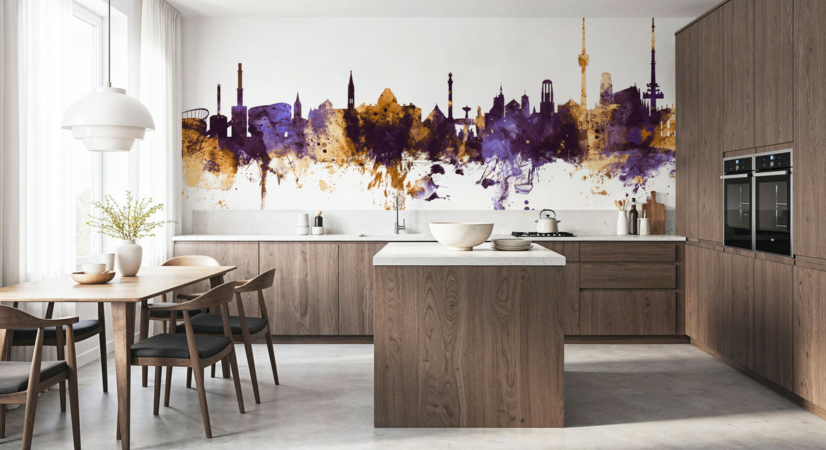 Stuttgart Germany Skyline Purple & Gold Mural Wallpaper - room preview 03