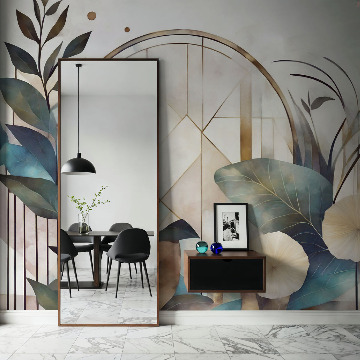 Art Deco Floral Geometry Yellow Mural Wallpaper - room preview 03