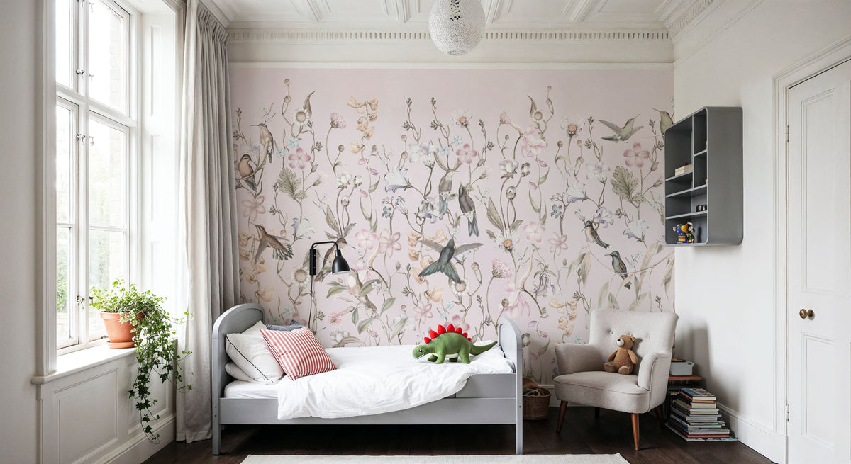 Bird Garden Light Pink Mural Wallpaper - room preview 03