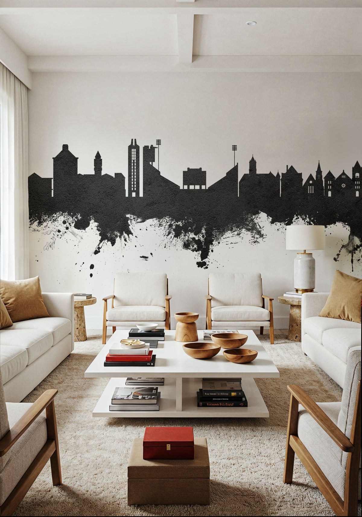 Lawrence Kansas Skyline Black & White Mural Wallpaper - room preview 03