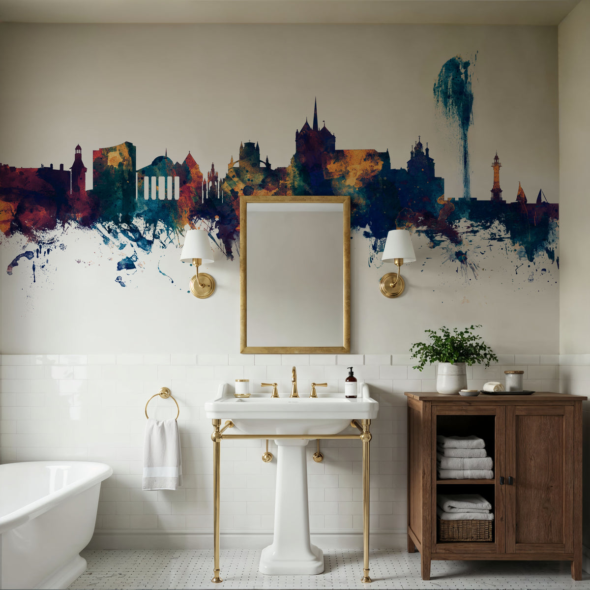 Geneva Switzerland Skyline Blue & Bronze Mural Wallpaper - room preview 03