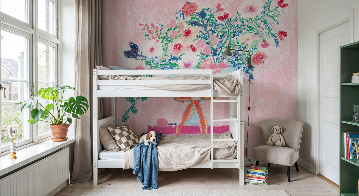 Flower Vases and Books Square Pink Mural Wallpaper - room preview 03