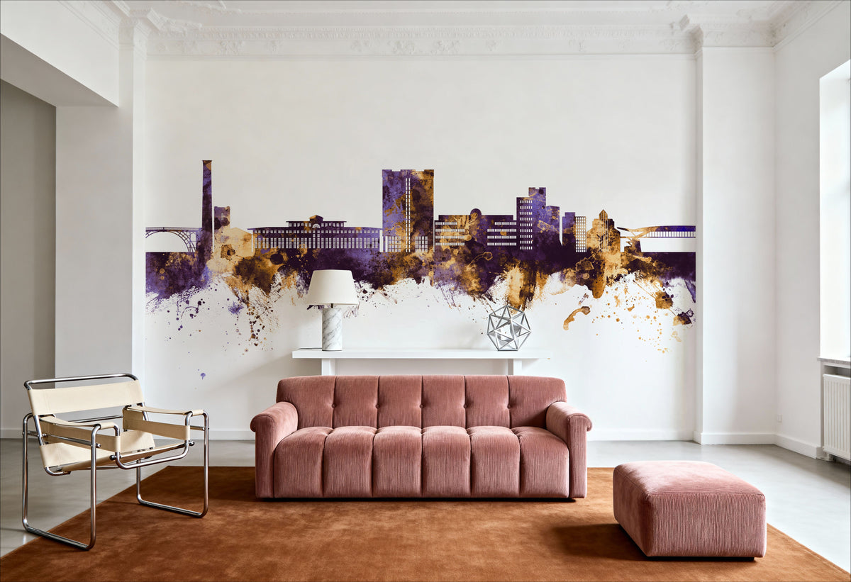 Telford England Skyline Purple & Gold Mural Wallpaper - room preview 03