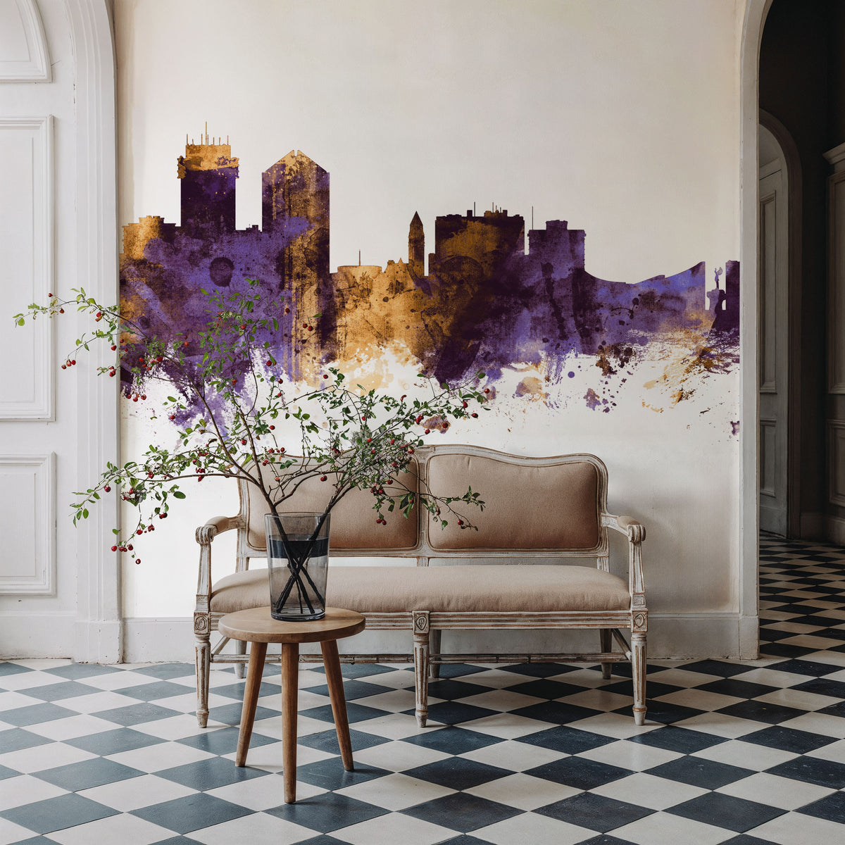 Wichita Kansas Skyline Purple & Gold Mural Wallpaper - room preview 03
