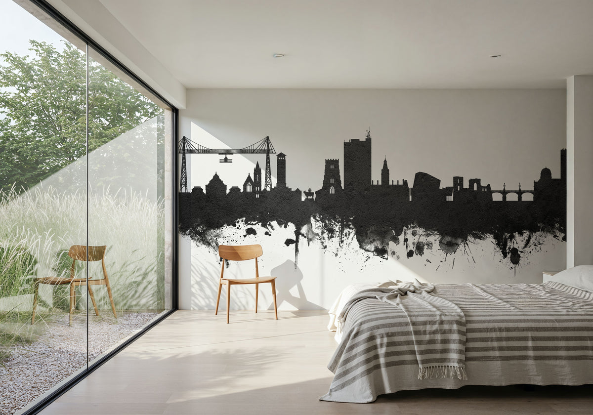 Newport Wales Skyline Black & White Mural Wallpaper - room preview 03