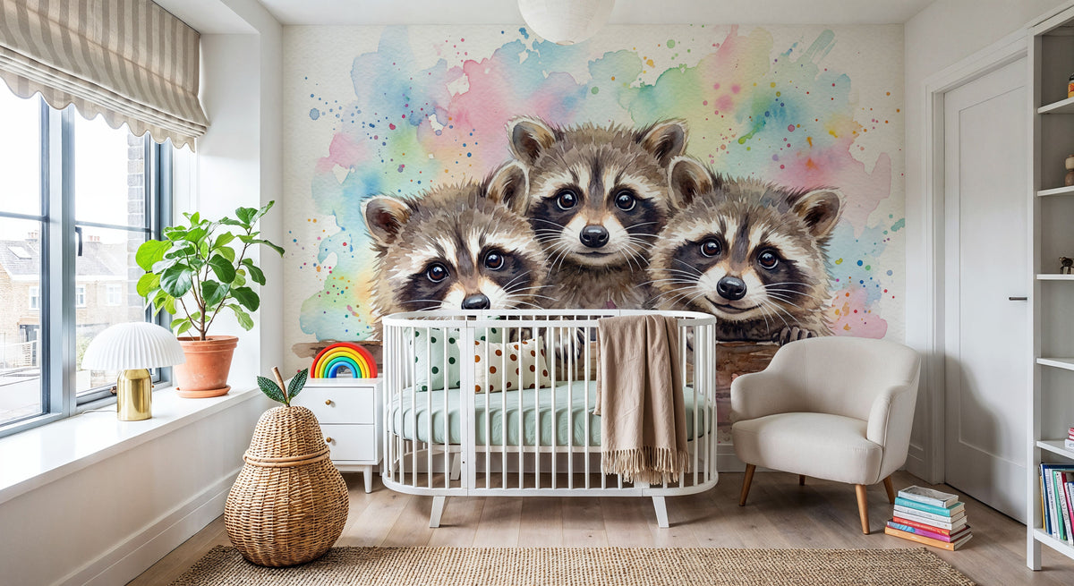 Raccoons - Cute Baby Animals Series Mural Wallpaper - room preview 03