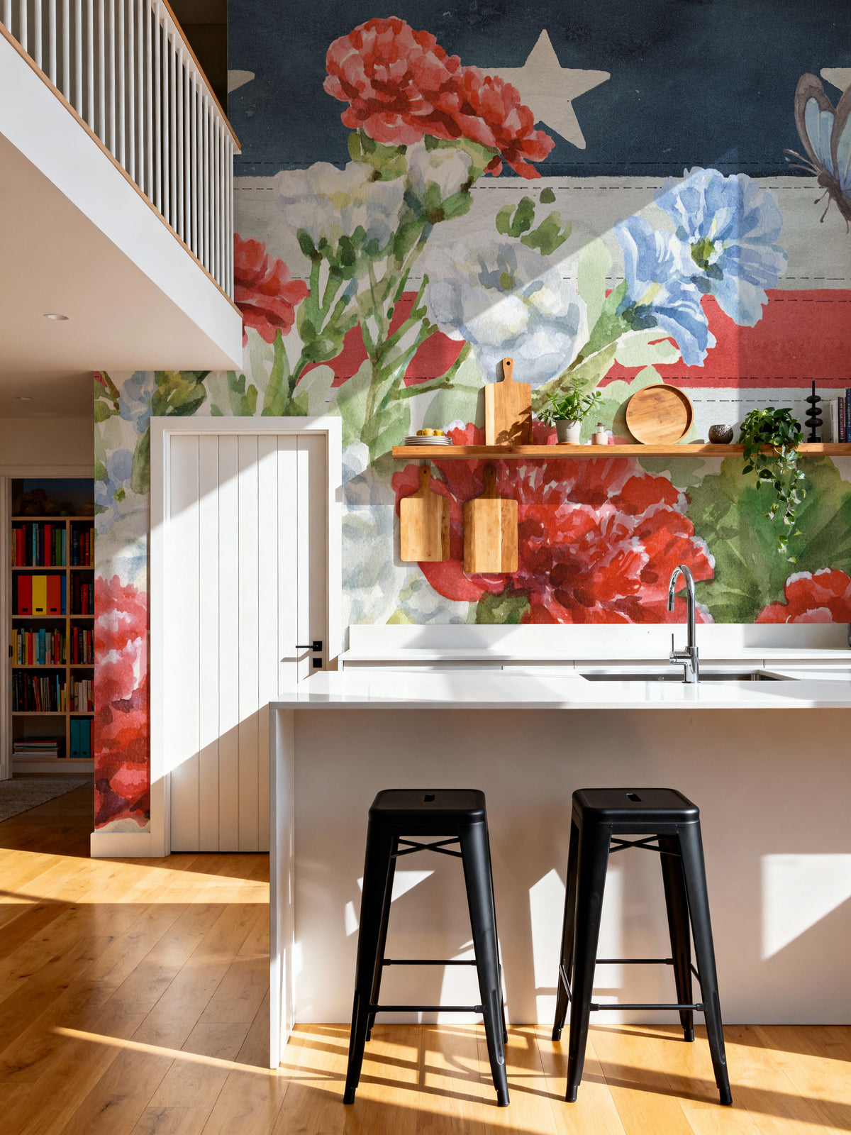 Red White and Blue Floral VI Mural Wallpaper - room preview 03