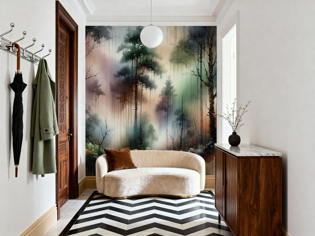 Mysterious Forest Enveloped in Thick Fog Mural Wallpaper - room preview 03