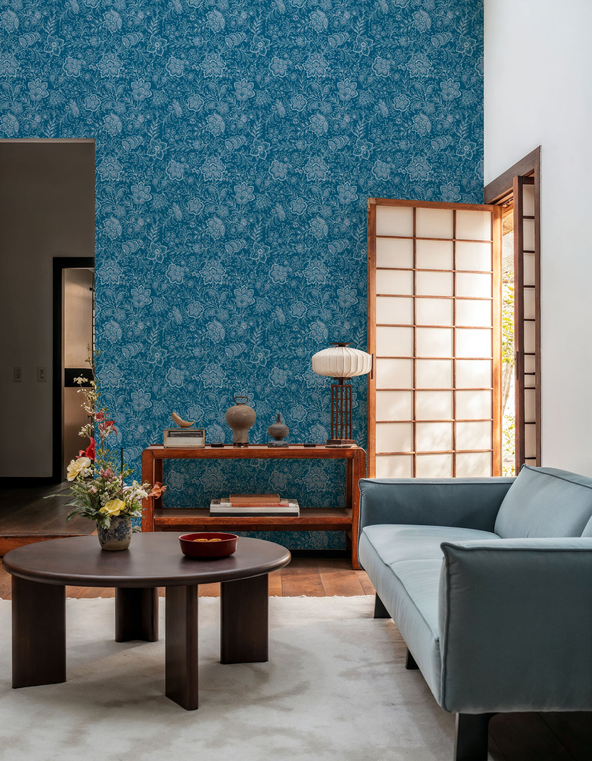 Kala Flowers White on Blue Mural Wallpaper - room preview 03
