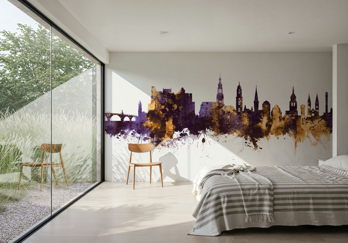 Heidelberg Germany Skyline Purple & Gold Mural Wallpaper - room preview 03