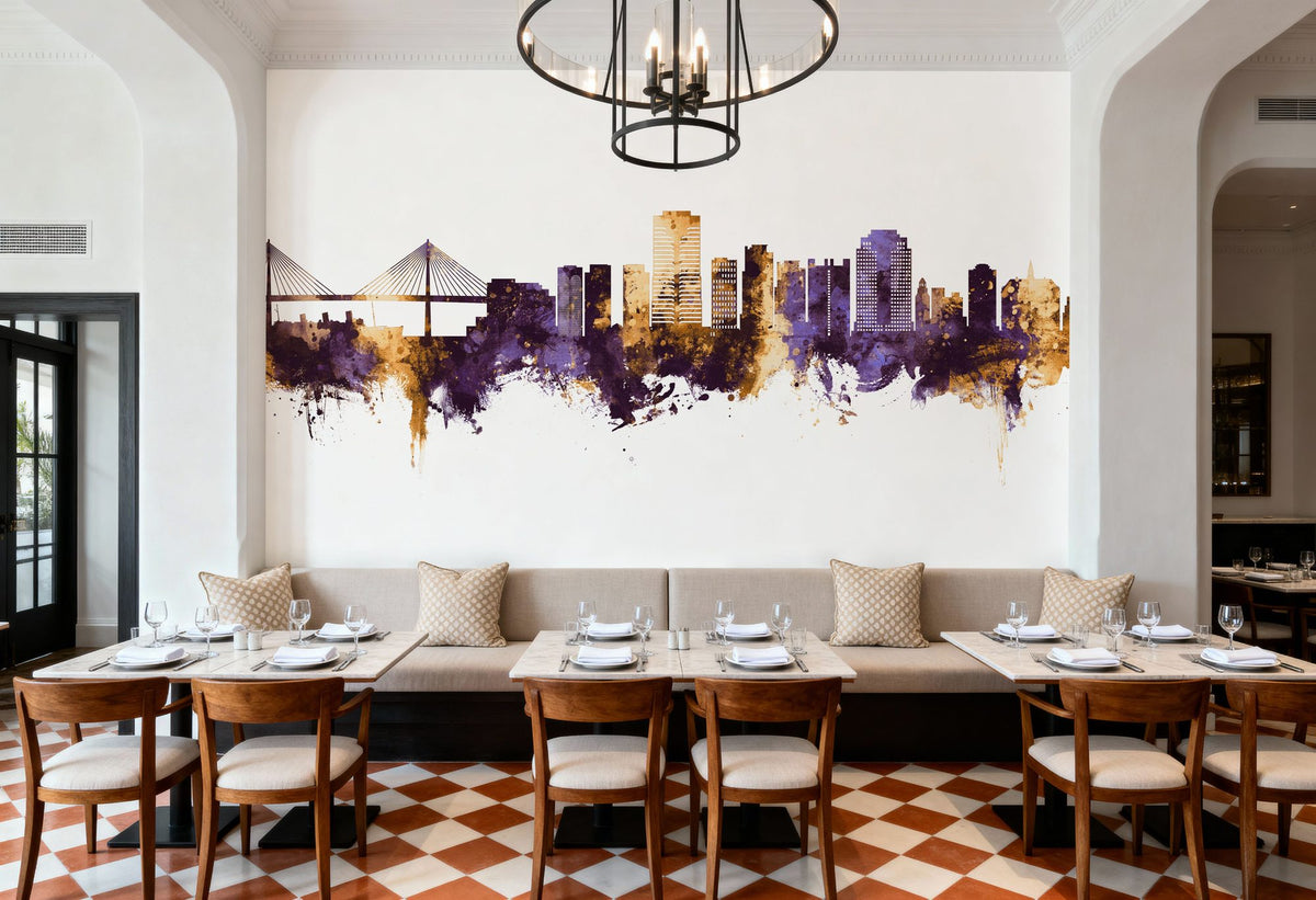 Long Beach California Skyline Purple & Gold Mural Wallpaper - room preview 03
