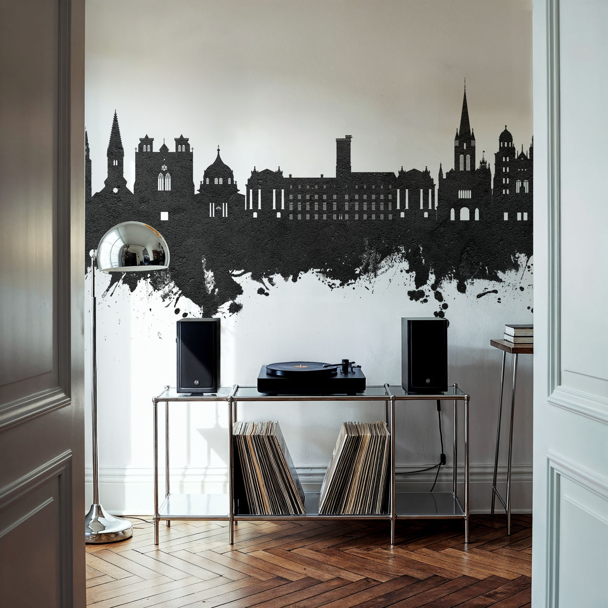 Dijon France Skyline Black & White Mural Wallpaper - room preview 03