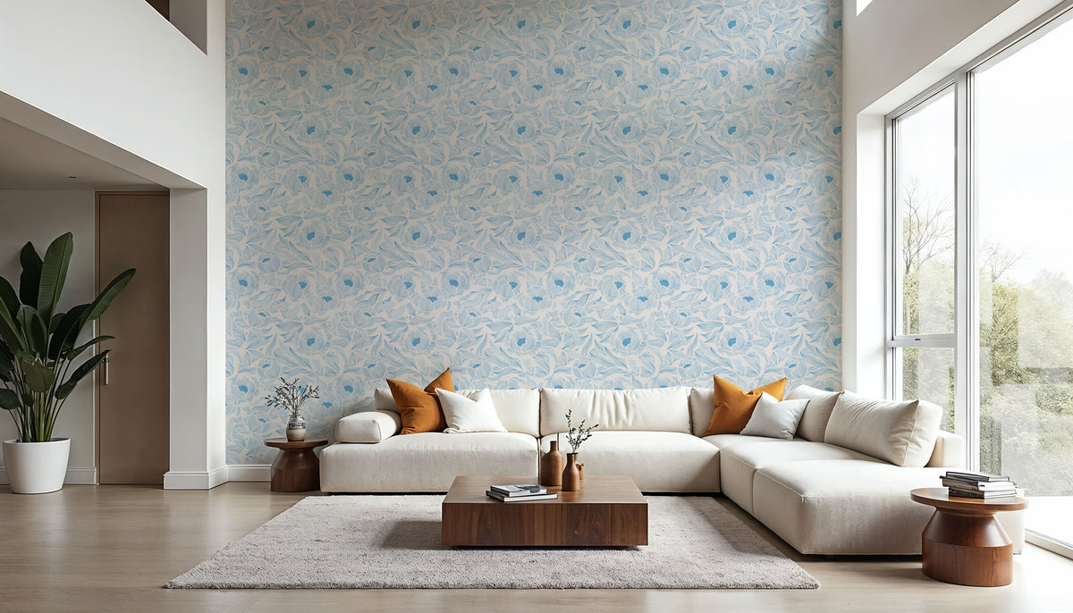 Hidden Peonies, Blue on Beige Mural Wallpaper - room preview 03