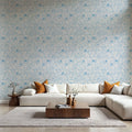 Hidden Peonies, Blue on Beige Mural Wallpaper - room preview 03