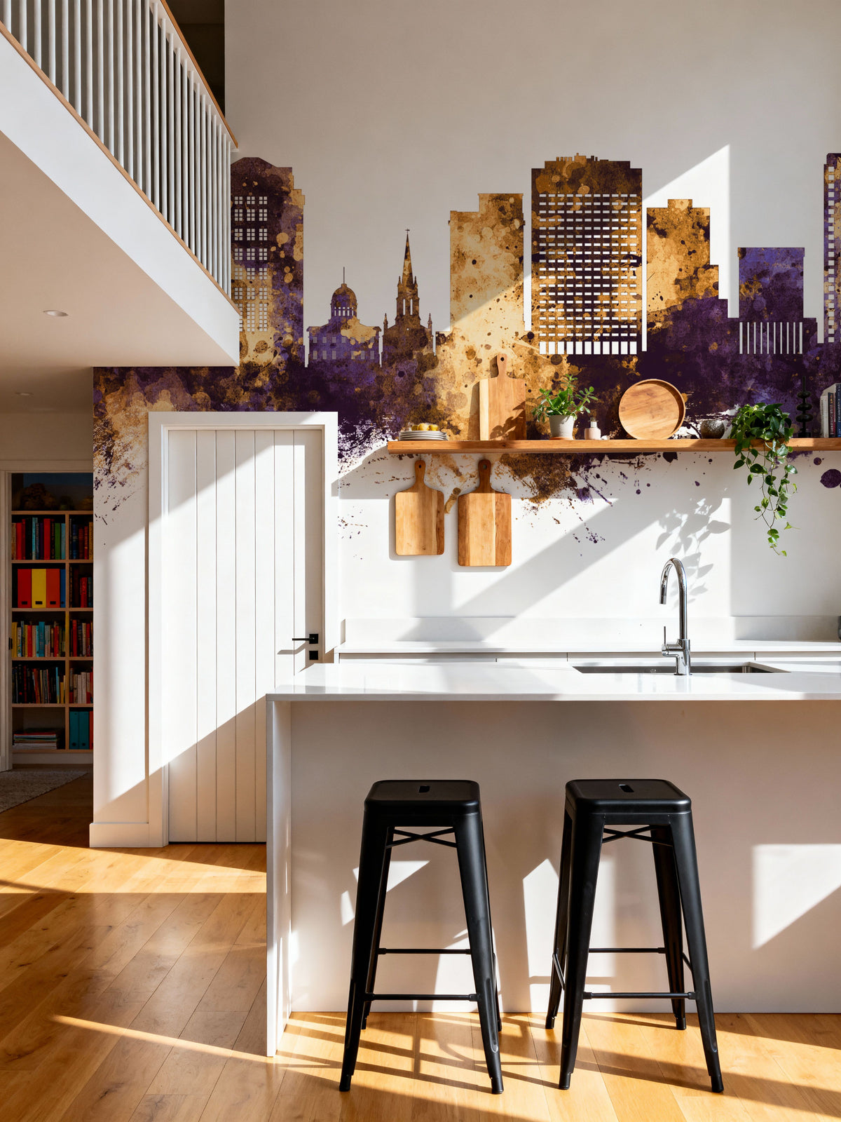 Norfolk Virginia Skyline Purple & Gold Mural Wallpaper - room preview 03