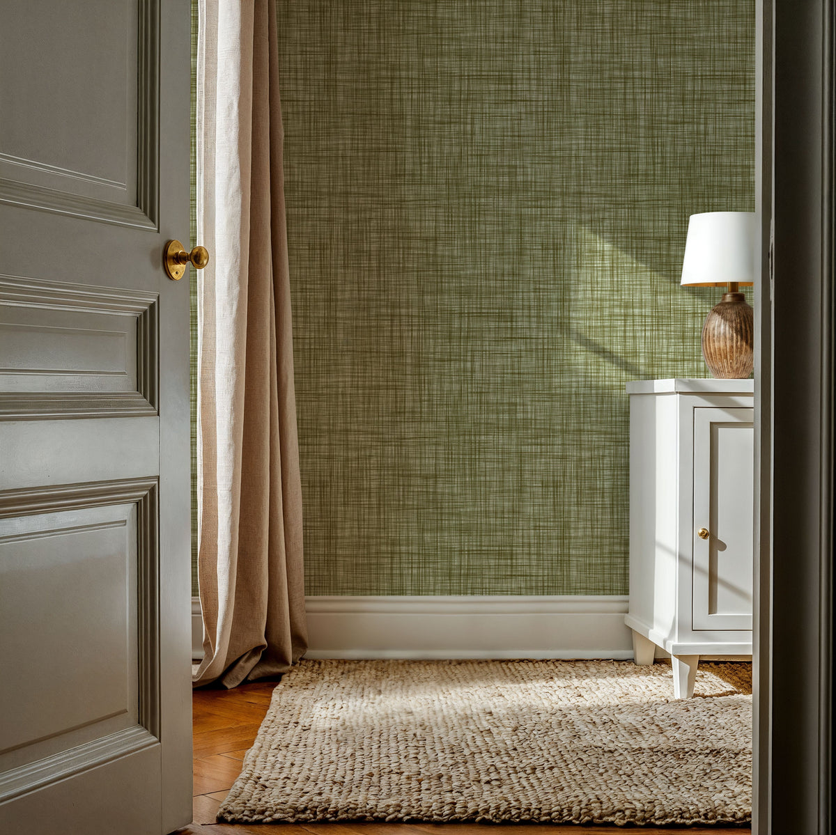 Mottled Linen Effect, Olive Green Mural Wallpaper - room preview 03