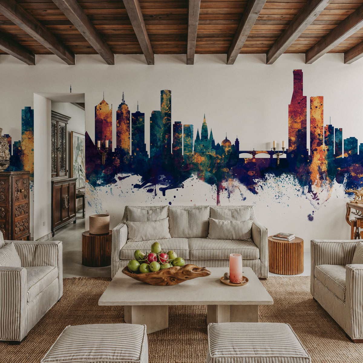 Melbourne Australia Skyline Blue & Bronze Mural Wallpaper - room preview 03