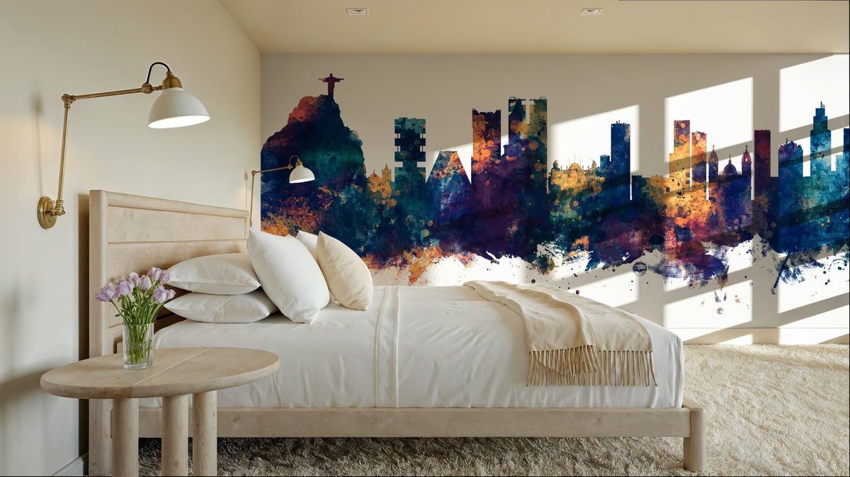 Rio De Janeiro Brazil Skyline Blue & Bronze Mural Wallpaper - room preview 03