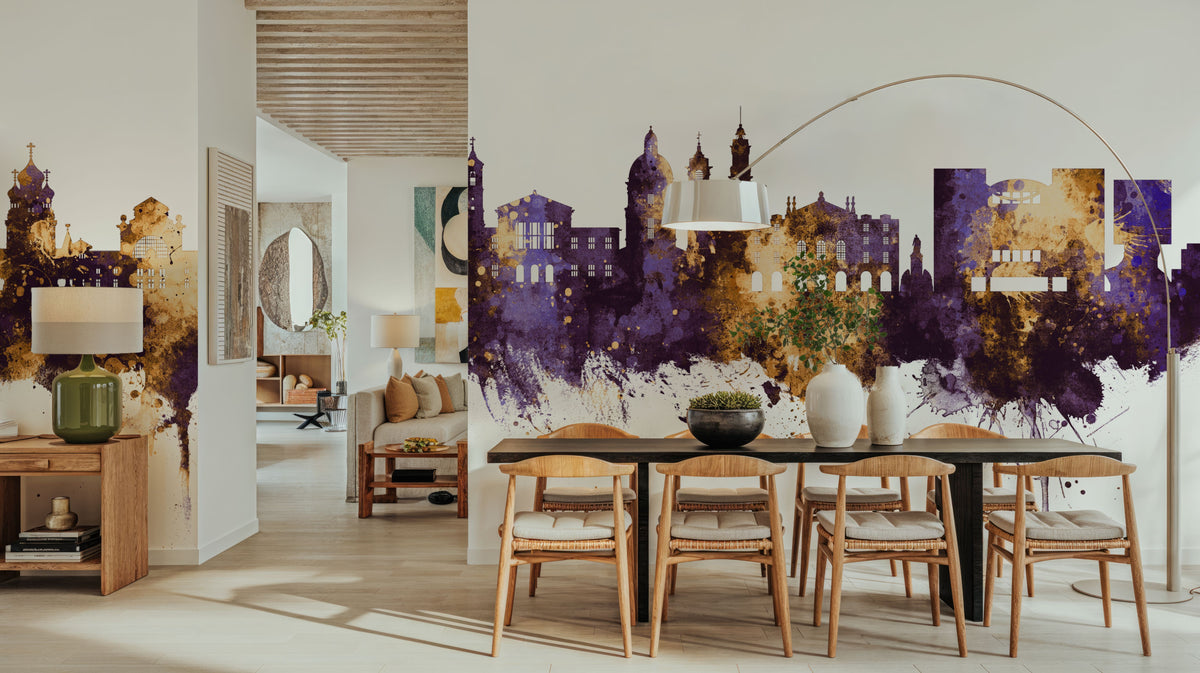 Nice France Skyline Purple & Gold Mural Wallpaper - room preview 03