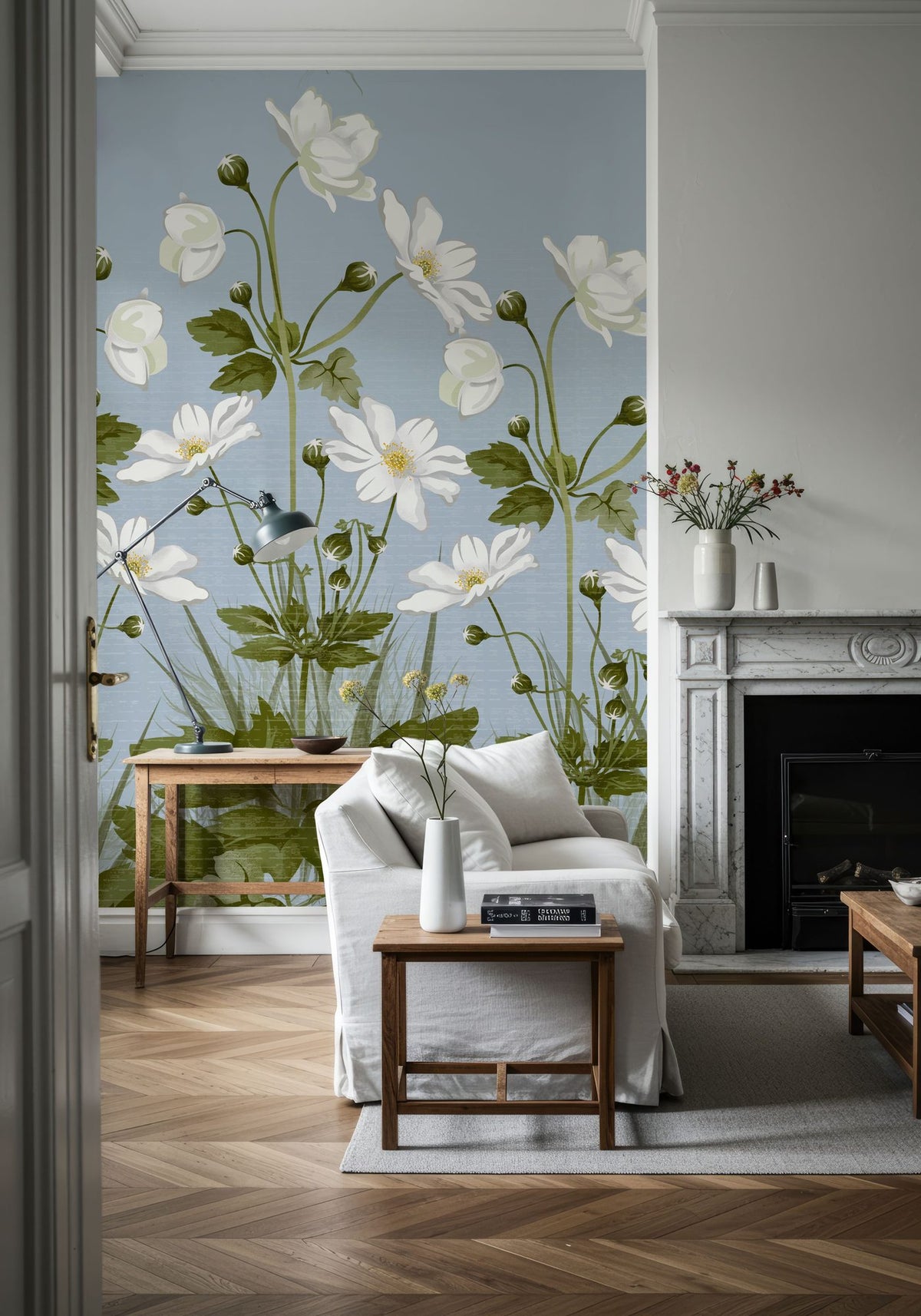 White Anemones, Sky Blue Mural Wallpaper - room preview 03