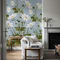 White Anemones, Sky Blue Mural Wallpaper - room preview 03
