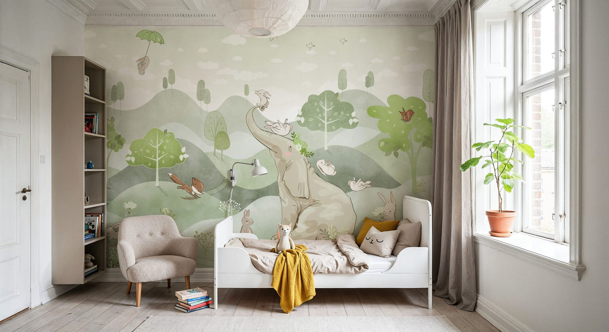 Woodland Nursery Wallpaper Mural – Baby Animals Wall Mural – Bunny Friends, Green wall measurement