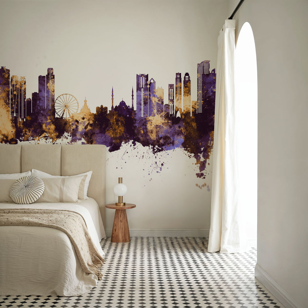Sharjah Skyline Purple & Gold Mural Wallpaper - room preview 03