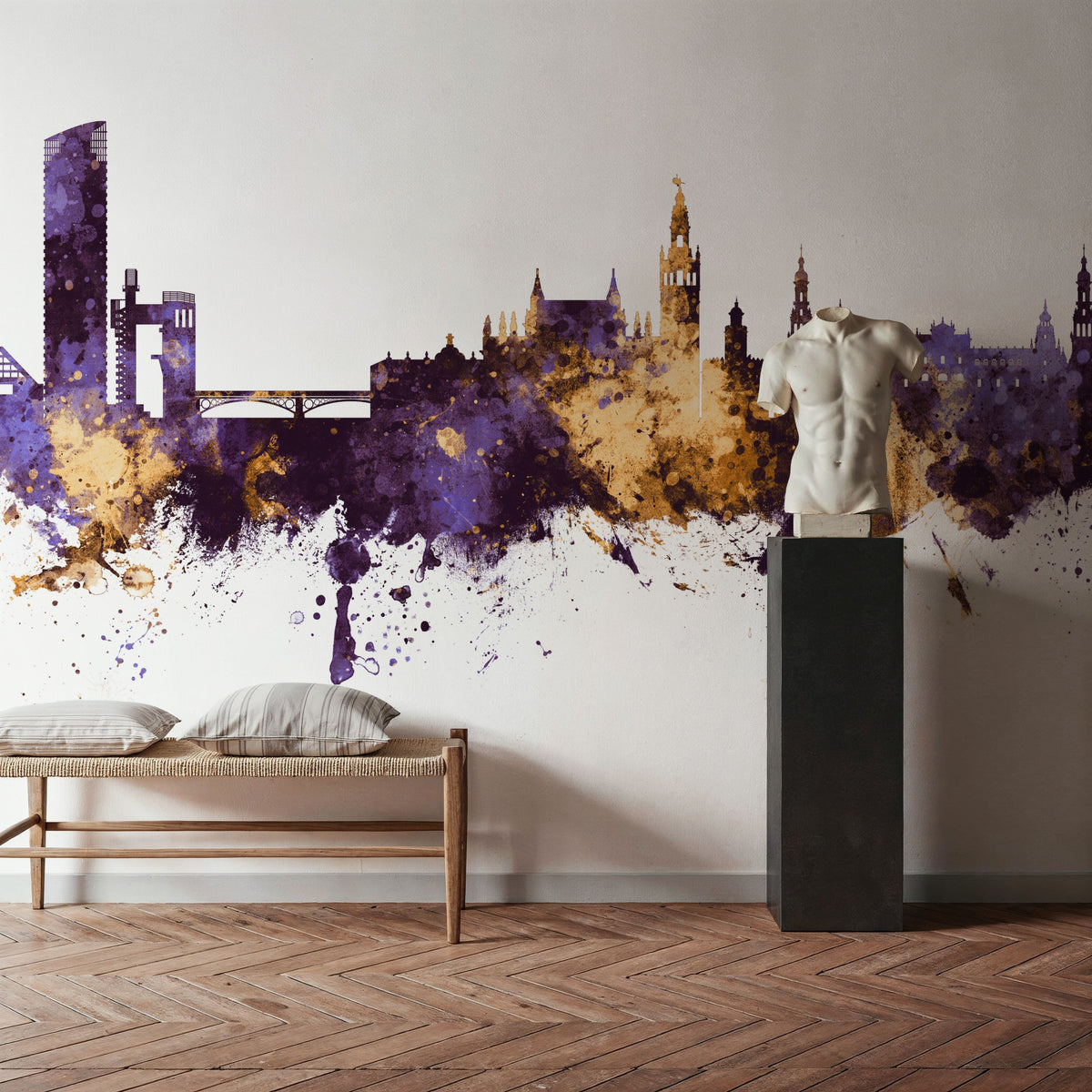 Sevilla Skyline Purple & Gold Mural Wallpaper - room preview 03