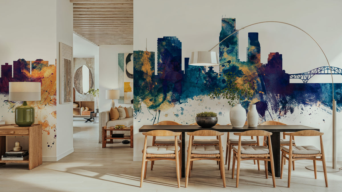 Corpus Christi Texas Skyline Blue & Bronze Mural Wallpaper - room preview 03