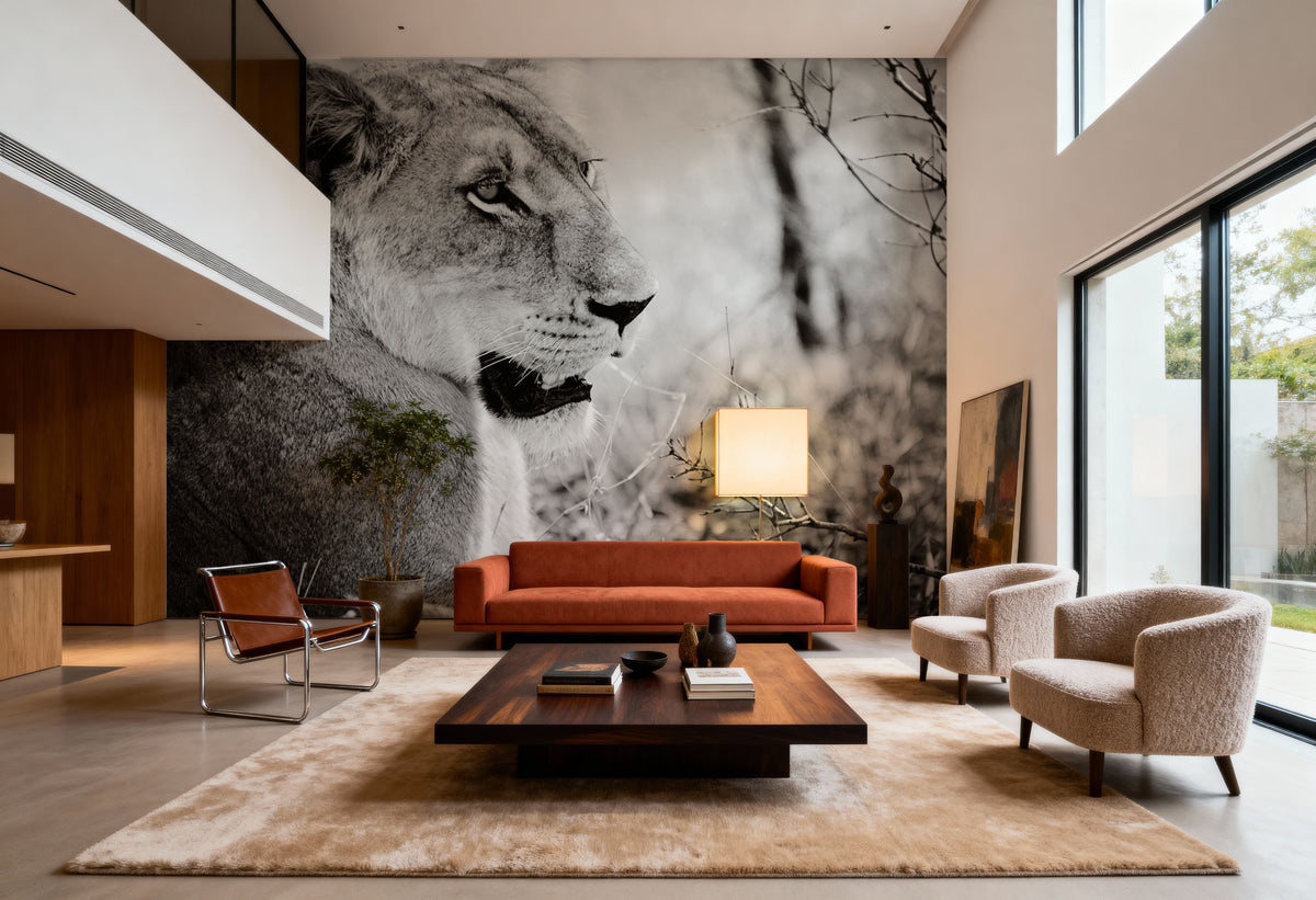 Lioness Square BW Mural Wallpaper - room preview 03