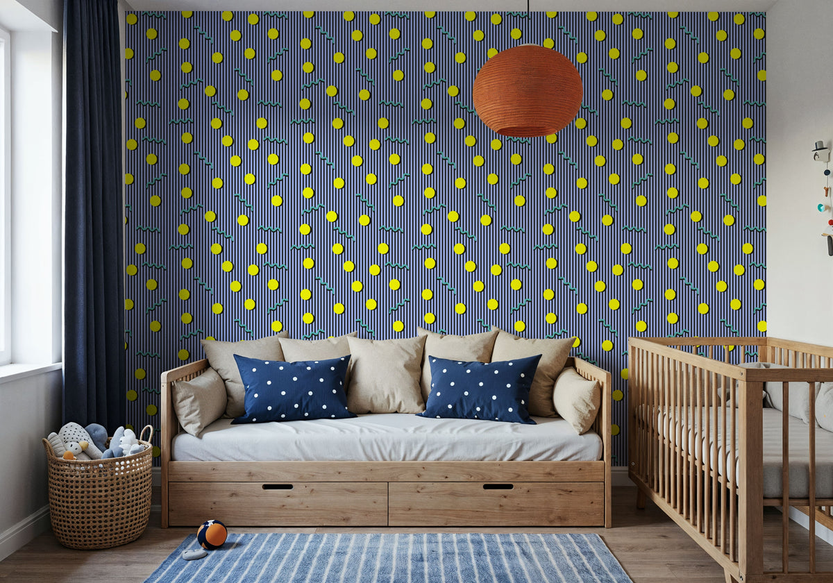 Memphis Dots & Stripes, Lilac Mural Wallpaper - room preview 03