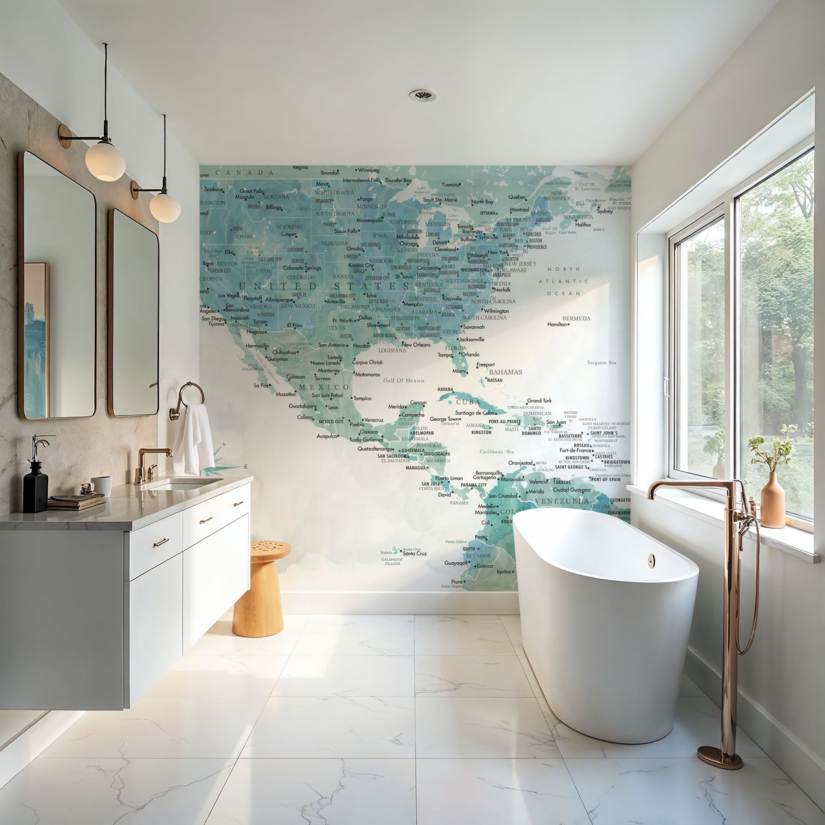 US Mexico Caribbean Map - Aquamar Wash Mural Wallpaper - room preview 03