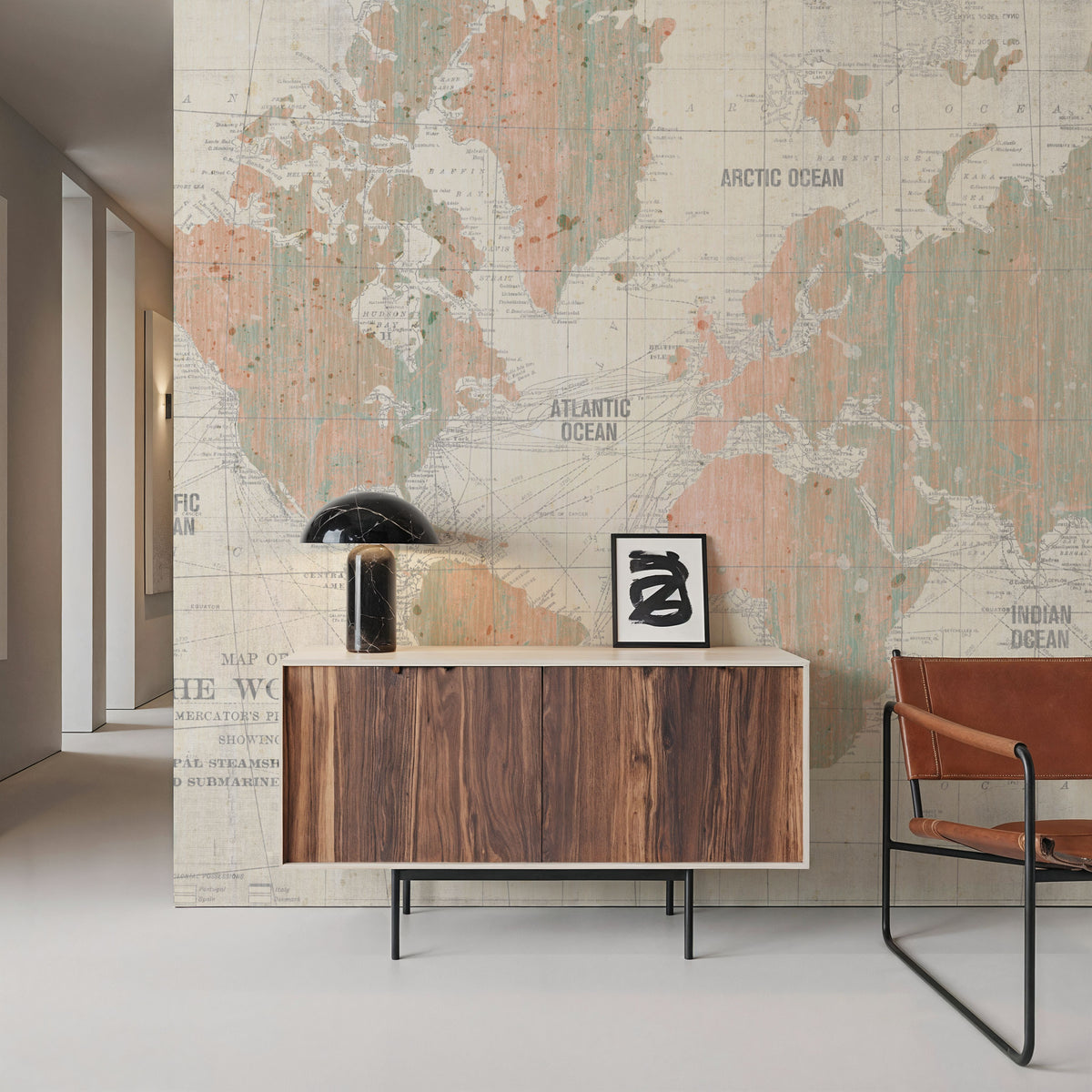 Old World Map Blush and Mint Mural Wallpaper - room preview 03