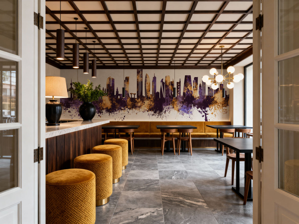 Kuwait City Skyline Purple & Gold Mural Wallpaper - room preview 03