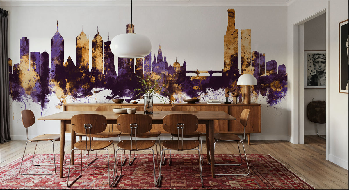 Melbourne Australia Skyline Purple & Gold Mural Wallpaper - room preview 03