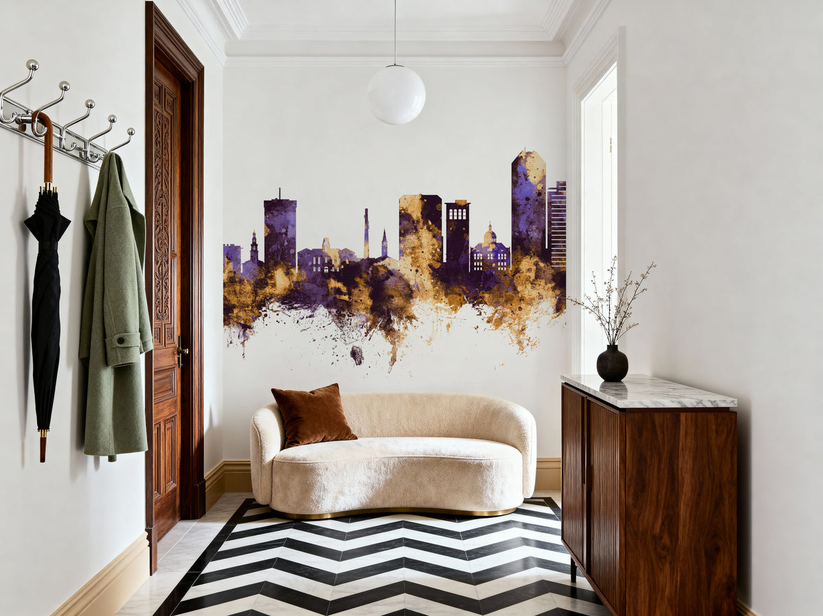 Lexington Kentucky Skyline Purple & Gold Mural Wallpaper - room preview 03