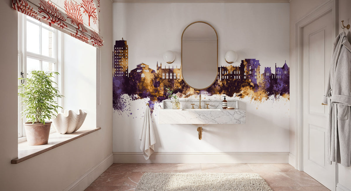 Oldham England Skyline Purple & Gold Mural Wallpaper - room preview 03