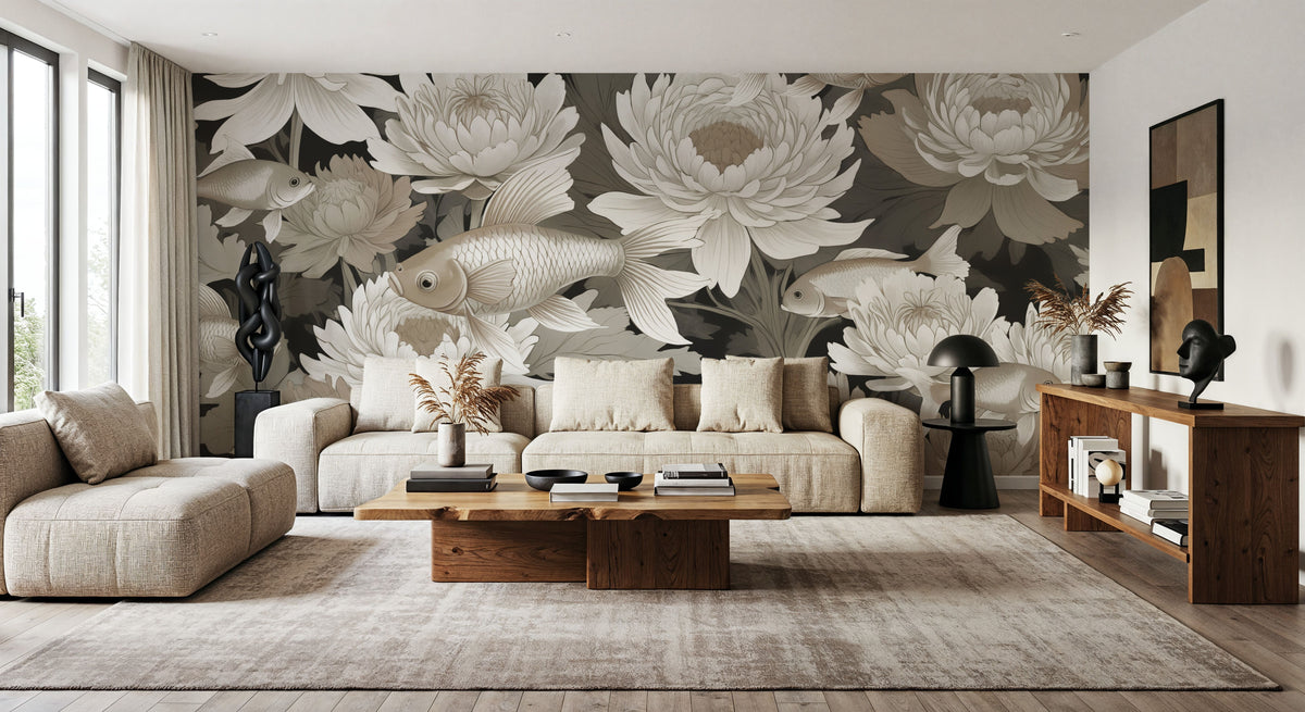 Dancing Fish, Khaki Mural Wallpaper - room preview 03