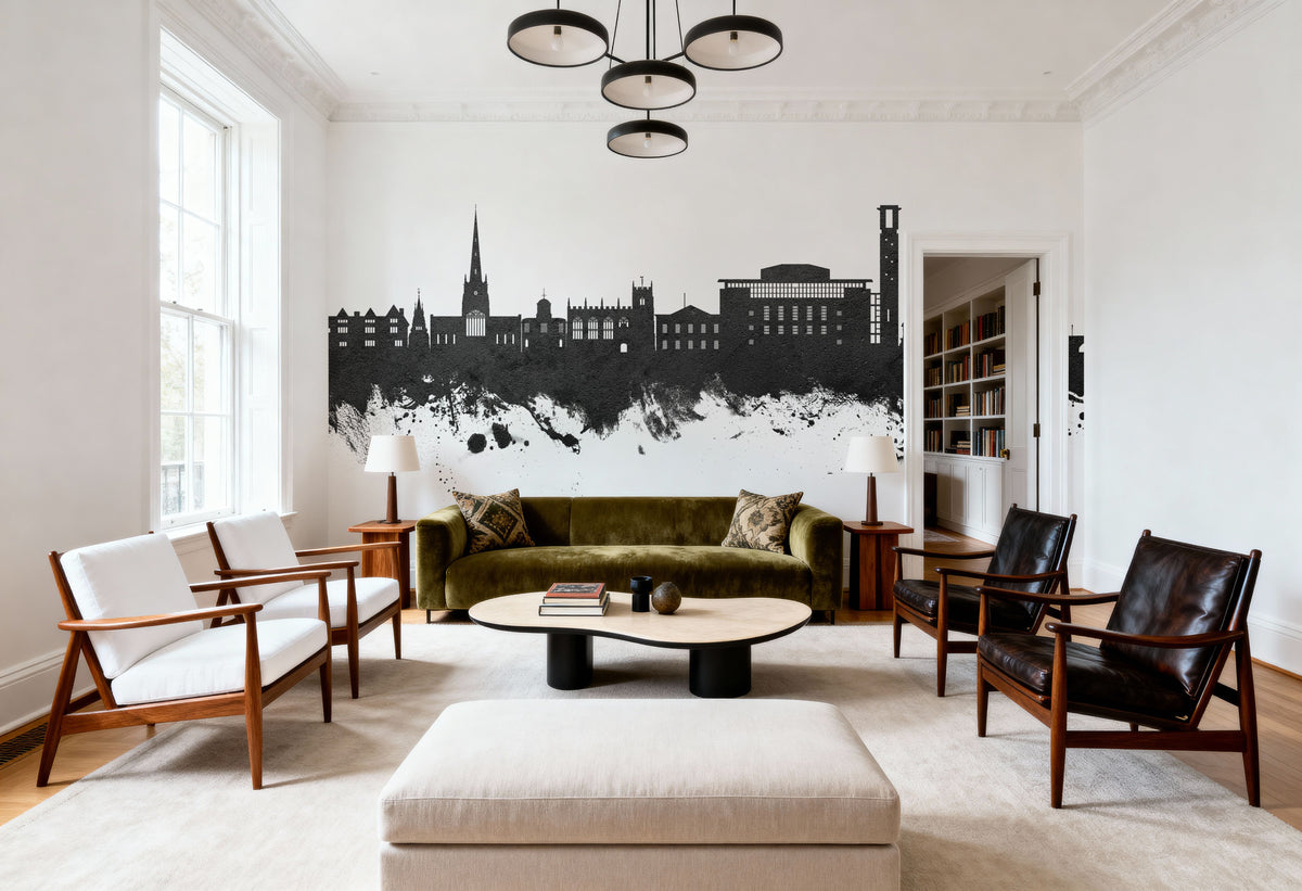 Stratford-upon-Avon England Skyline Black & White Mural Wallpaper - room preview 03