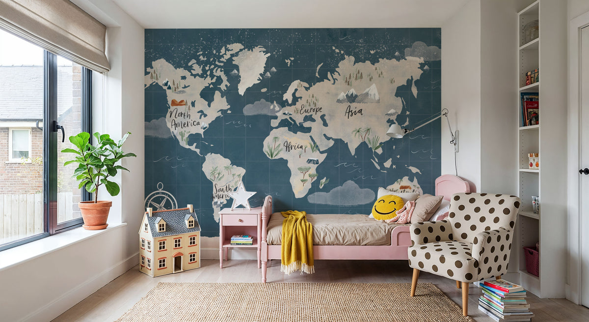 Scandi Map Blue Mural Wallpaper - room preview 03