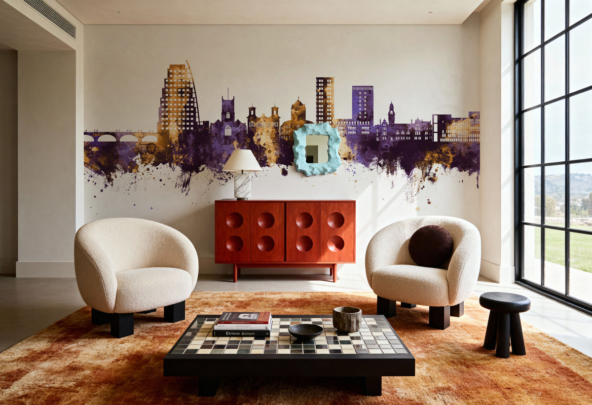Kingston Upon Thames England Skyline Purple & Gold Mural Wallpaper - room preview 03