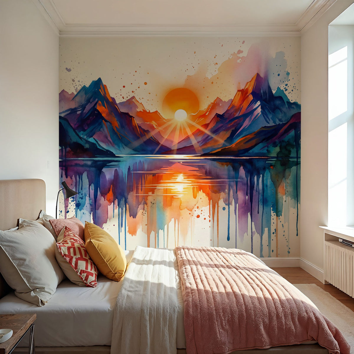 Mountain Lake - Watercolor Sunset Series Mural Wallpaper - room preview 03