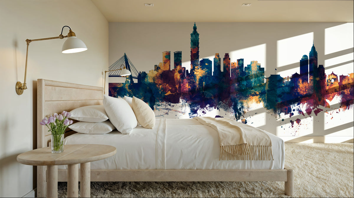Taipei Taiwan Skyline Blue & Bronze Mural Wallpaper - room preview 03