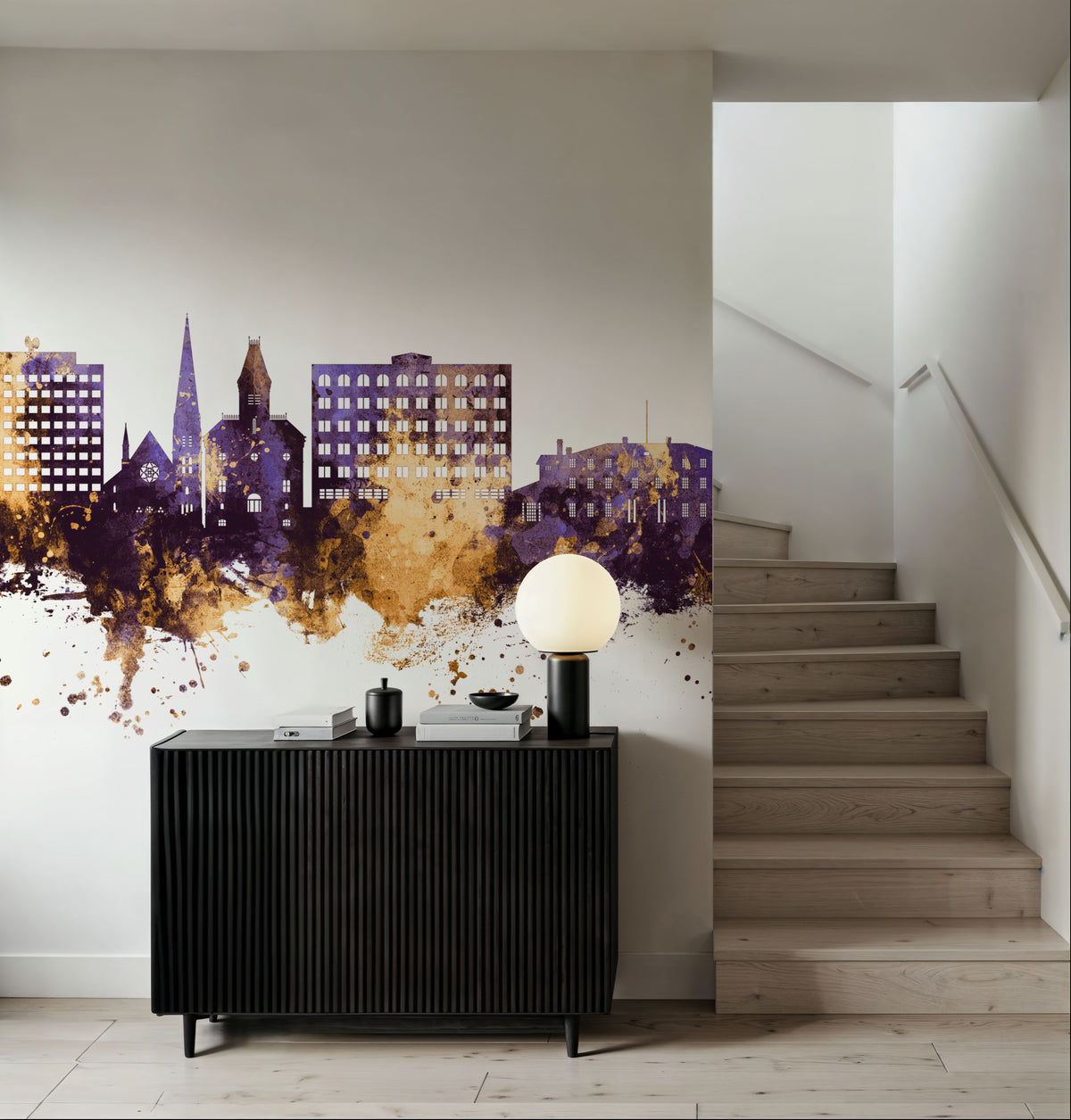 Fredericton Canada Skyline Purple & Gold Mural Wallpaper - room preview 03