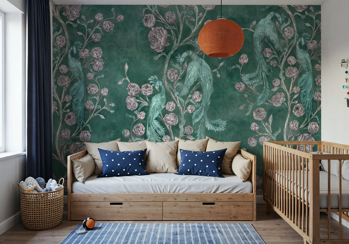 Peacock and Peony Chinoiserie Pale Green Mural Wallpaper - room preview 03