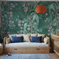 Peacock and Peony Chinoiserie Pale Green Mural Wallpaper - room preview 03