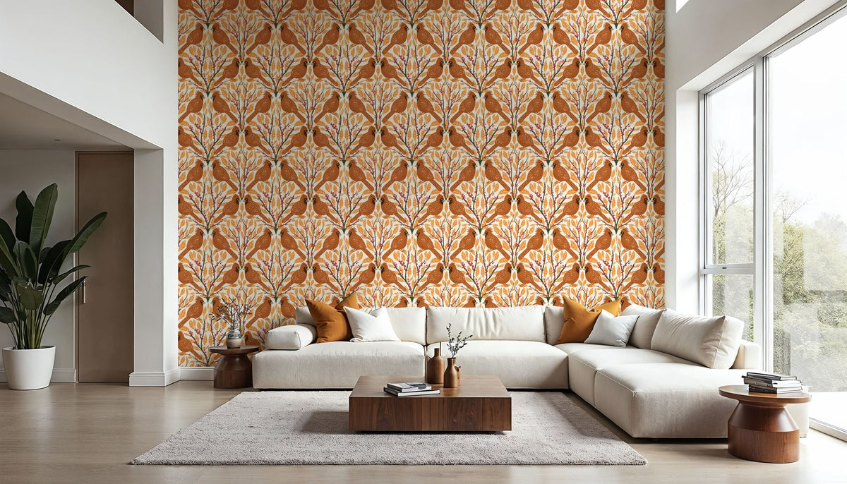 Cardinals & Winterberries, Yellow Mural Wallpaper - room preview 03