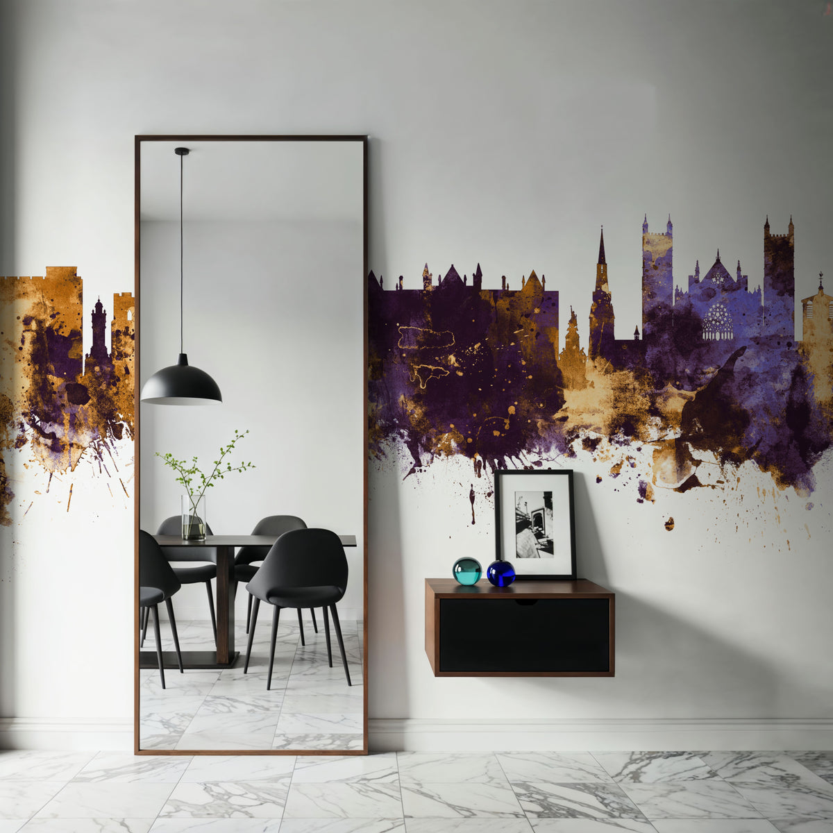 Exeter England Skyline Purple & Gold Mural Wallpaper - room preview 03