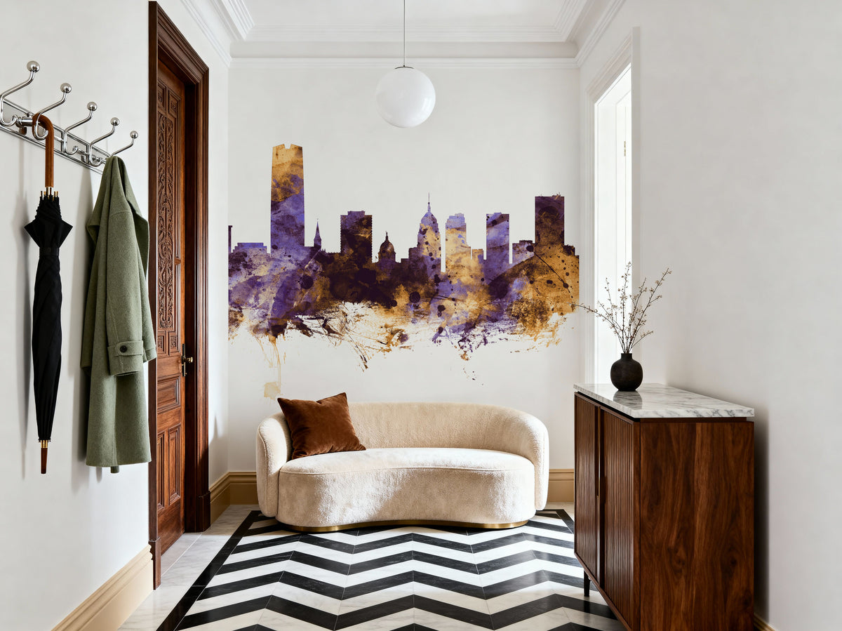 Oklahoma City Skyline Purple & Gold Mural Wallpaper - room preview 03